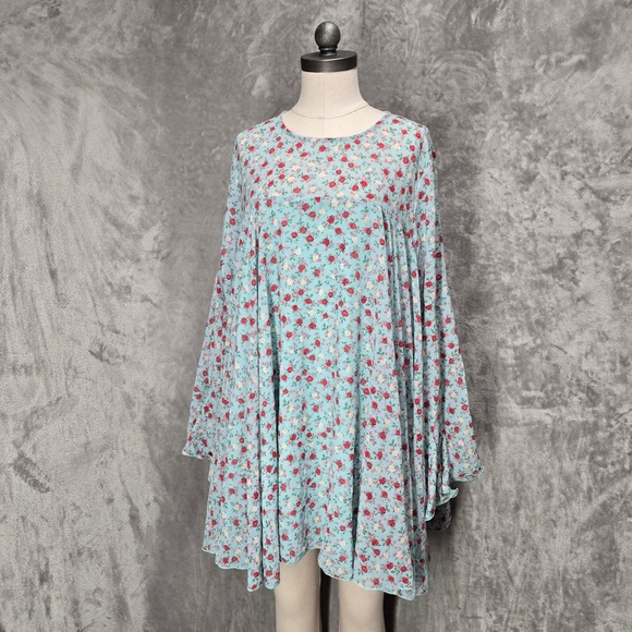 Boohoo Dresses & Skirts - Boohoo Womens Blue Floral Pleated Smock Dress Bell‎ Sleeve NWT Sz 14 Cottagecore